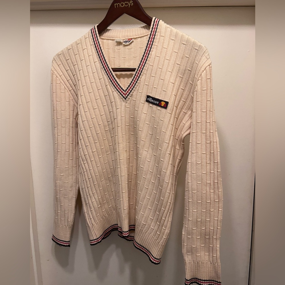 VTG 70s Ellesse Sweater V-Neck Knit Made In Italy Womens M Preppy Tennis Cricket